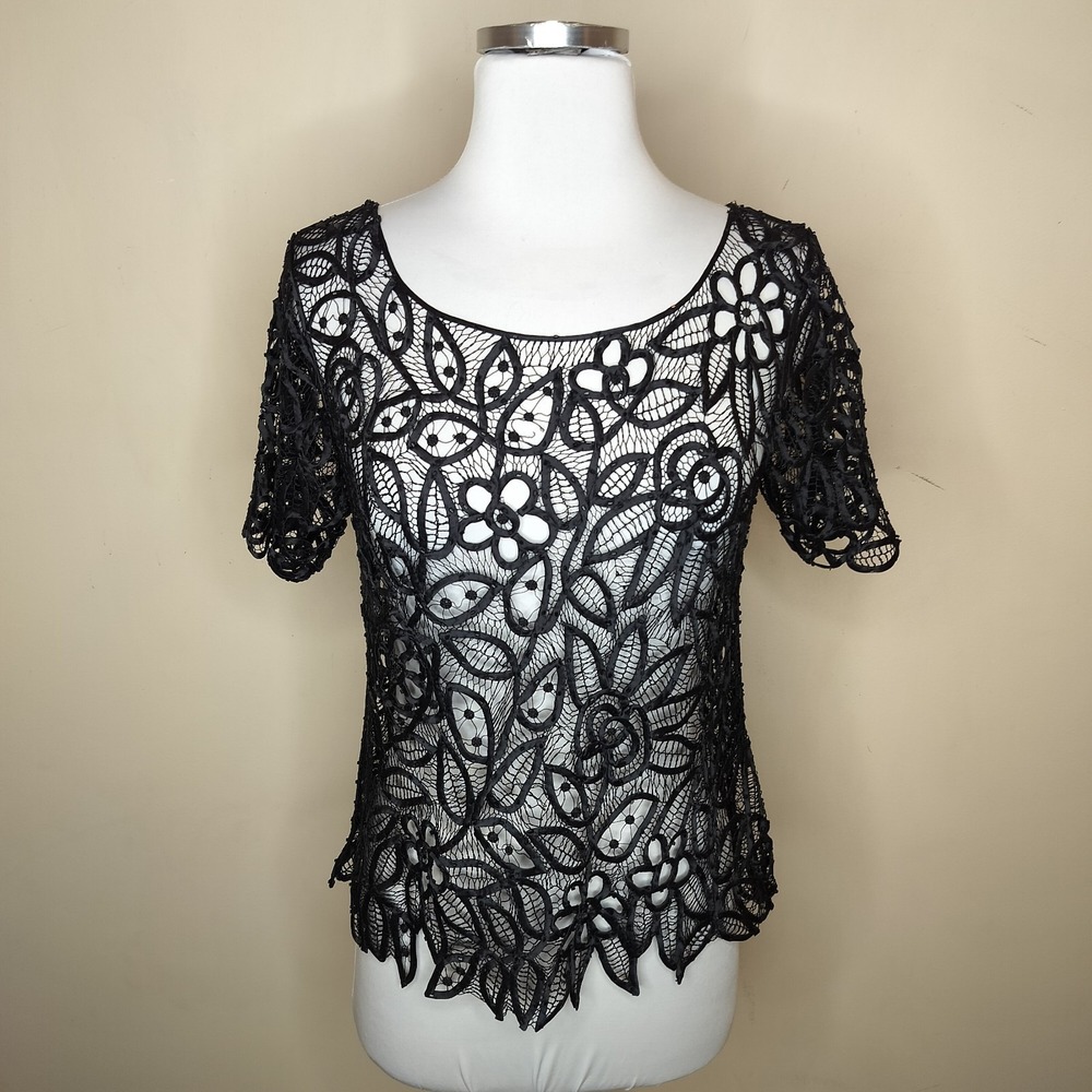 Women's Black Lace Beaded‎ Top Formal Cocktail Sheer